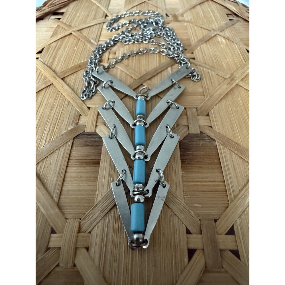 Vintage Boho Geometric Statement Necklace – Silver Tone & Turquoise Accents 15”